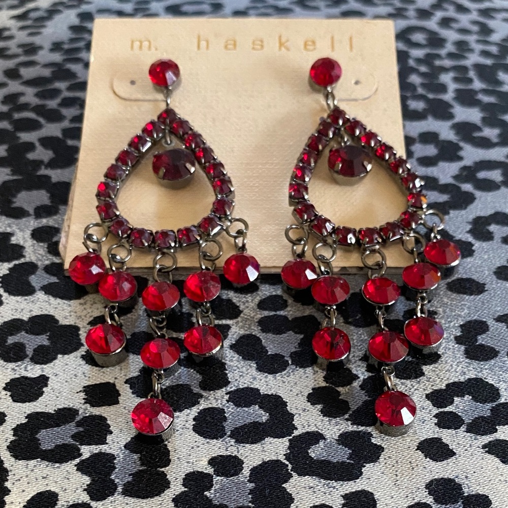 Miriam Haskell Vintage Red Sparkling Chandelier Earrings Excellent Condition NWO